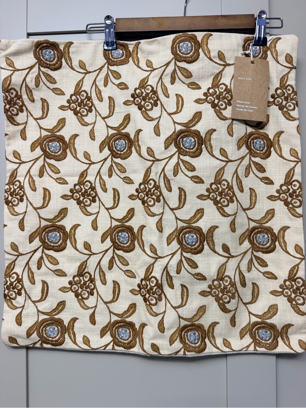 West Elm Cream and Brown Floral Embroidered Pillow Cover